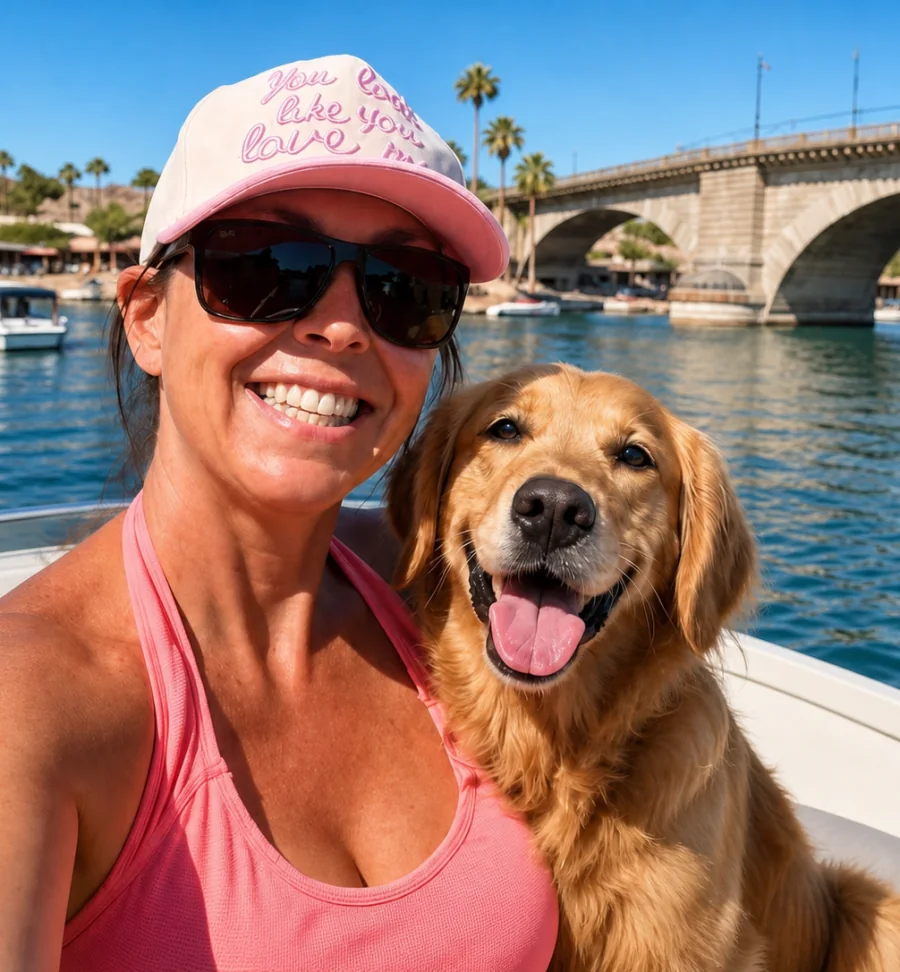 Caryn enjoying Lake Havasu with a happy golden retriever