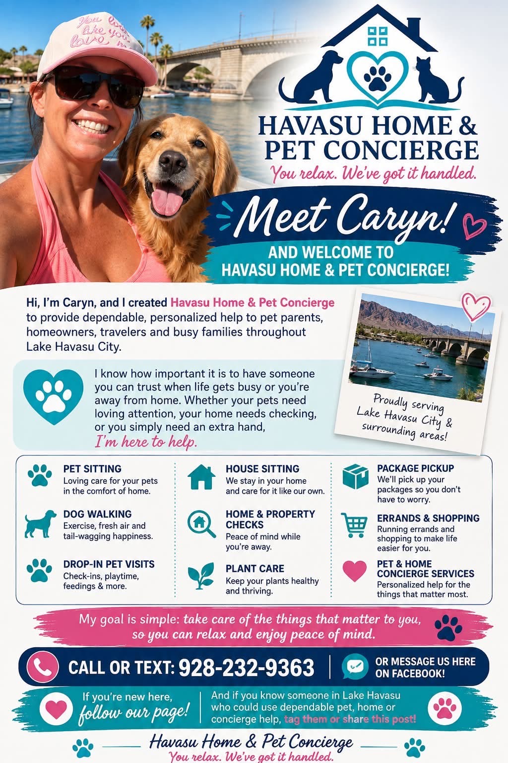Caryn’s original Havasu Home and Pet Concierge welcome flyer introducing her pet sitting, home care and concierge services